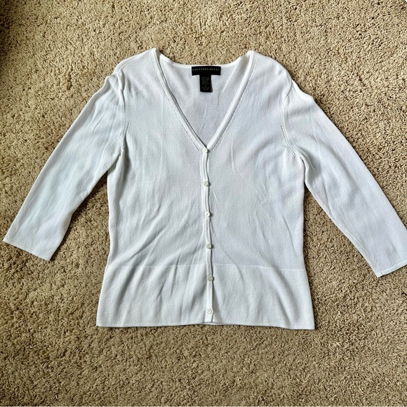 White Nylon Rayon Gefforye Beene Cardigan Size Medium 3/4 Length Sleeve - Picture 1 of 6